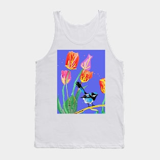 Abstract Blue Wren and Tulips Painting - on Purple Tank Top